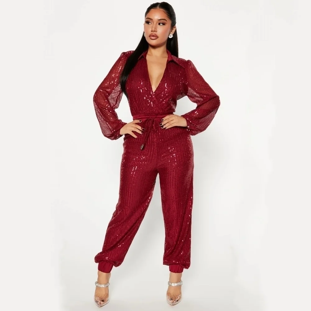 FashionNova Deep Red Wrap Front Collared Fully Sequin Long Sleeve Jumpsuit- sz S